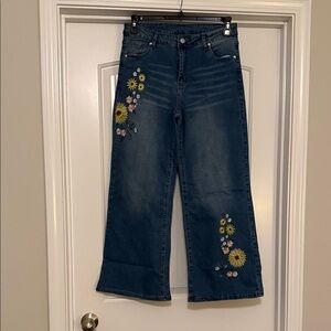 H&M Blue Floral Embroidered Wide Leg Jeans
